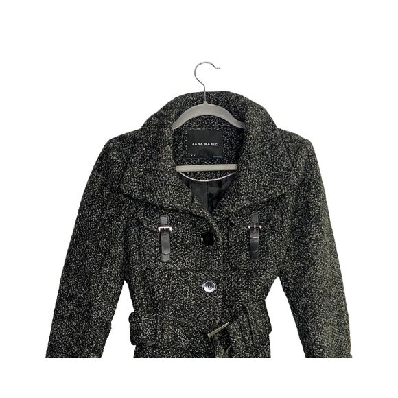 ZARA Wool Blend Long Sleeve Collard Belted Button Up Coat Jacket  M Grey Black - Picture 3 of 15